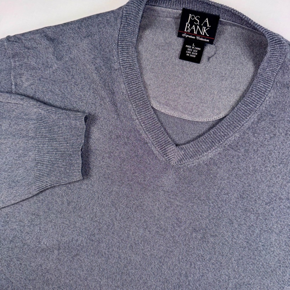 Jos. A. Bank V-Neck Sweater Mens L Blue Gray 100% Silk Signature Collection